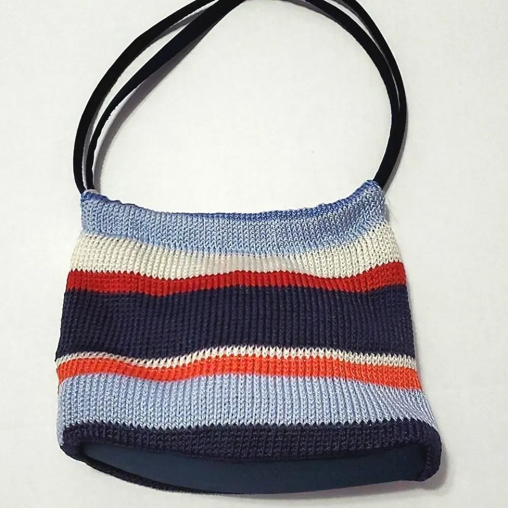 Worthington Retro Y2K Blue Striped Top Handle Knitted Mini Hobo Bag